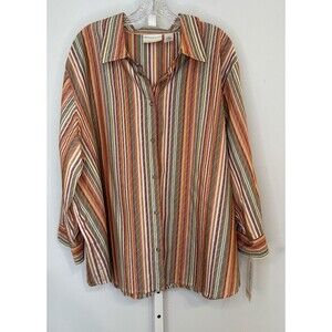 Alfred Dunner Women’s 24W Striped Button Front Shirt Top 3/4 Sleeve Cotton Blend